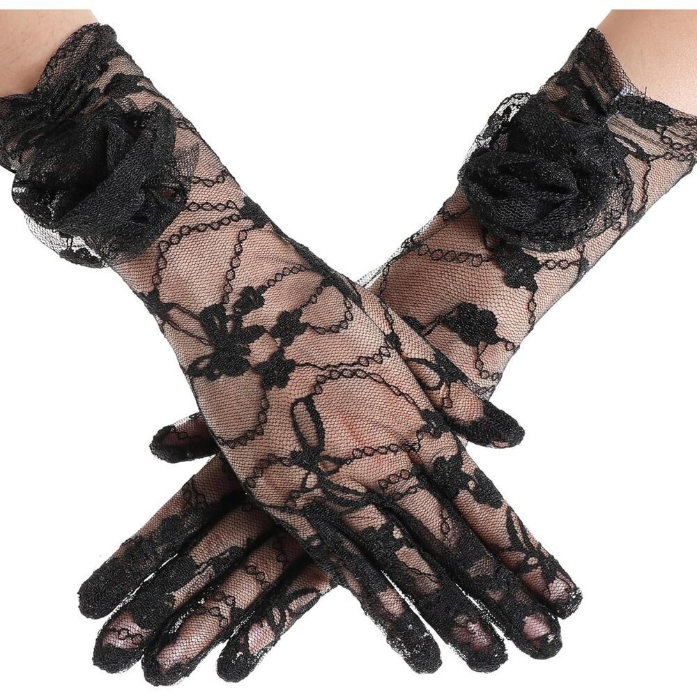 Women's Black Floral Lace Opera Elegant Evening Party Prom Gloves Accessories